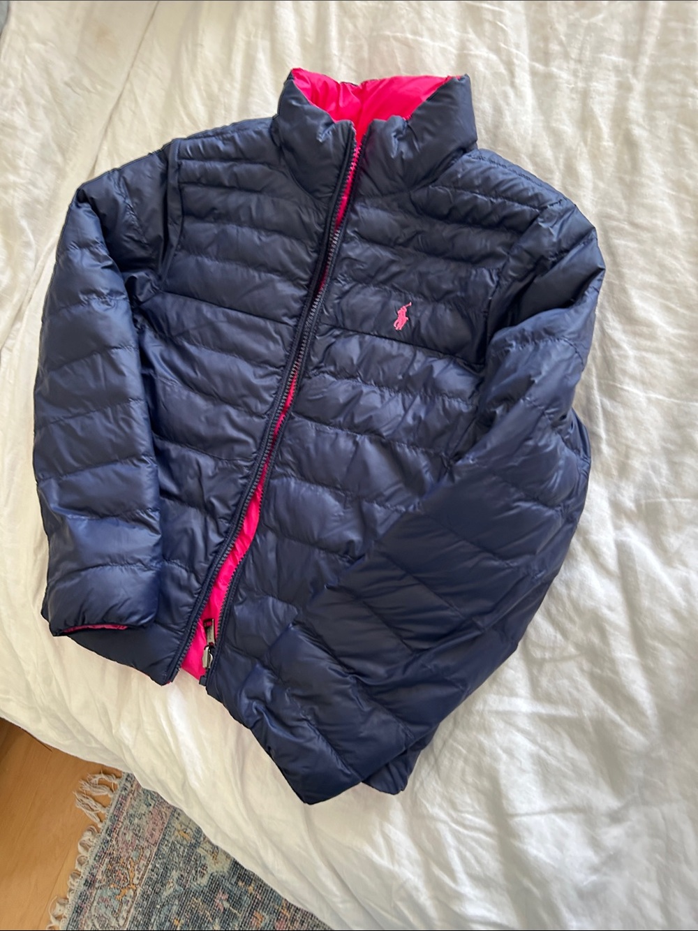Polo by Ralph Lauren Girls Navy Blue Puffer Jacket with Pink Lining